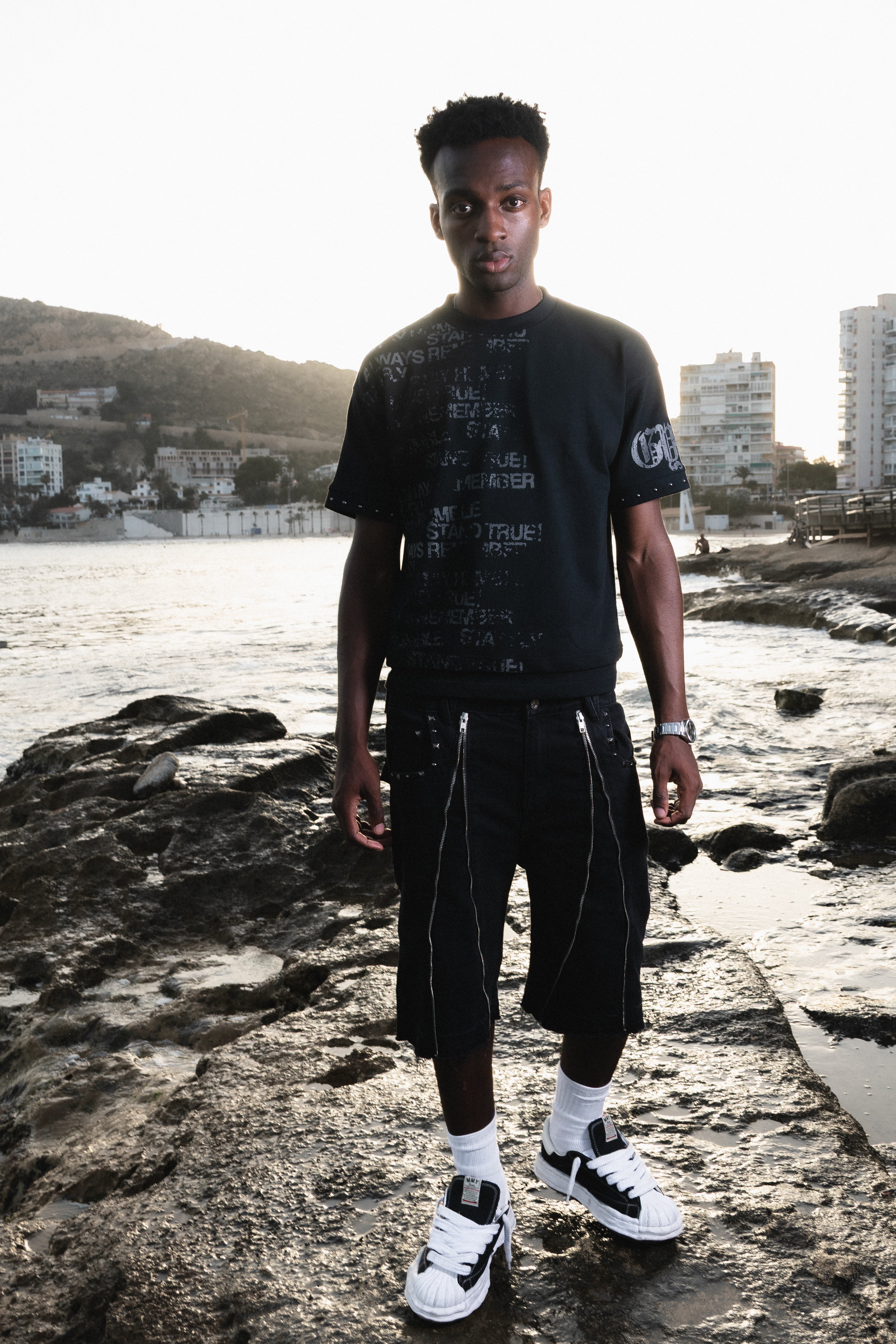 'Fangs' Black Denim Shorts